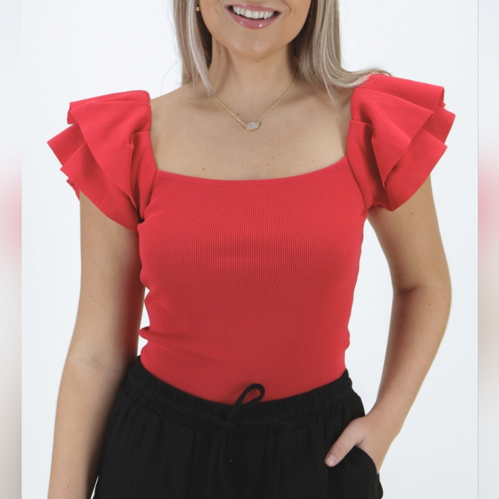 A New Day Orange/Red Ruffle Sleeve Top